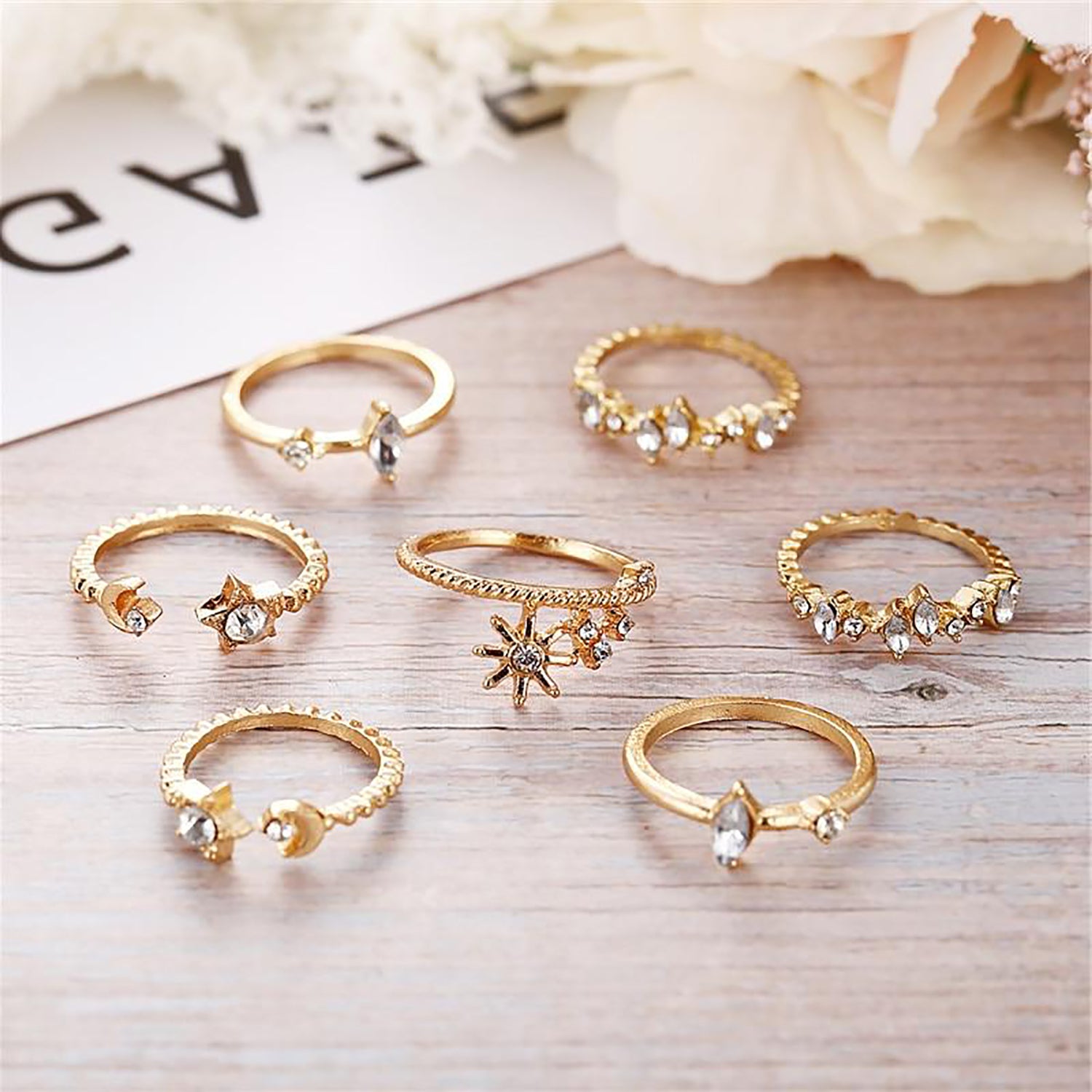 Gamma Cute Moon Star Flower Stackable Midi 7 Pieces Gold Rings Set ...