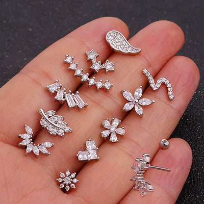 Pretty Silver Crystal Flower Leaf Snowflake Multiple Ear Piercing Earring Studs 16G - www.MyBodiArt.com #earrings