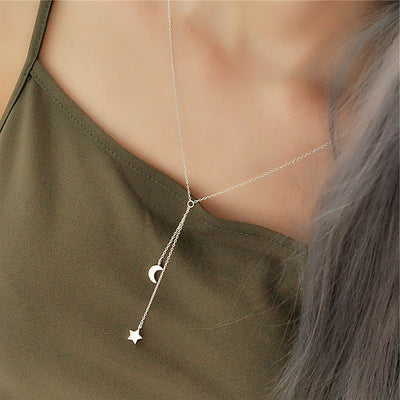 Cute Dainty Simple Moon Star Pendant Lariat Choker Necklace  in Silver -  collares lindos - www.MyBodiArt.com