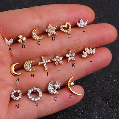 Cute Moon Stars Ear Piercing Jewelry for Women Earring Studs 16G - www.MyBodiArt.com 