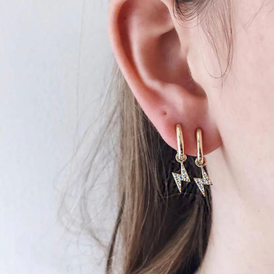 Cute Simple Classy Lightning Bolt Earring Huggie Hoop Crystal Ear Piercing Jewelry Ideas for Women in Gold - www.MyBodiArt.com