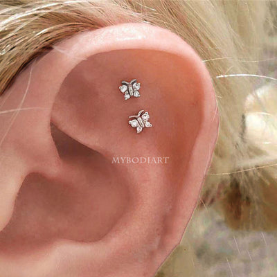 Cute Simple Double Butterfly Cartilage Helix Ear Piercing Jewelry Ideas for Women for Teen Girls -  piercing de orejas de cartílago de mariposa - www.MyBodiArt.com