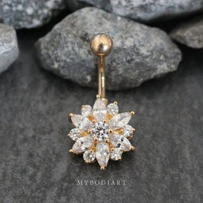 Cute Clear Crystal Flower Belly Button Ring Piercing Stud in Gold - www.MyBodiArt.com