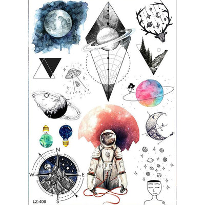 Cool Watercolor Spaceman Astronaut Moon Planets Galaxy Moon Compass Temporary Tattoo Sheet Ideas - www.MyBodiArt.com