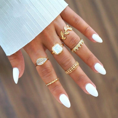 Cute Gold Stackable Midi Boho Opal Leaf Ring Set Fashion Jewelry for Teen Girls for Women - www.MyBodiArt.com #rings