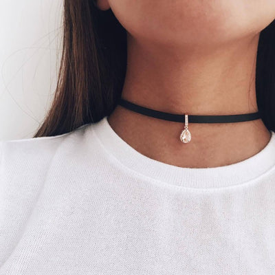 Cute Leather Crystal Drop Pendant Choker Fashion Jewelry for Women Black Velvet Necklace - collar de gargantilla negro gota cristal - www.MyBodiArt.com #necklace