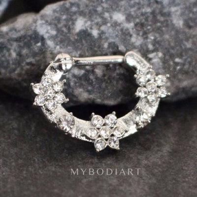 Crystal Flower Septum Clicker Ring Fashion Piercing Jewelry Ideas for Women in Silver 16G Pink Blue Clear Crystals - www.MyBodiArt.com