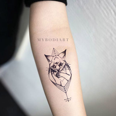 Small Tribal Egyptian Cat Forearm Tattoo Ideas for Women - Black Geometric Kitty Feminine Spirit Animal Arm Tat - www.MyBodiArt.com #tattoos