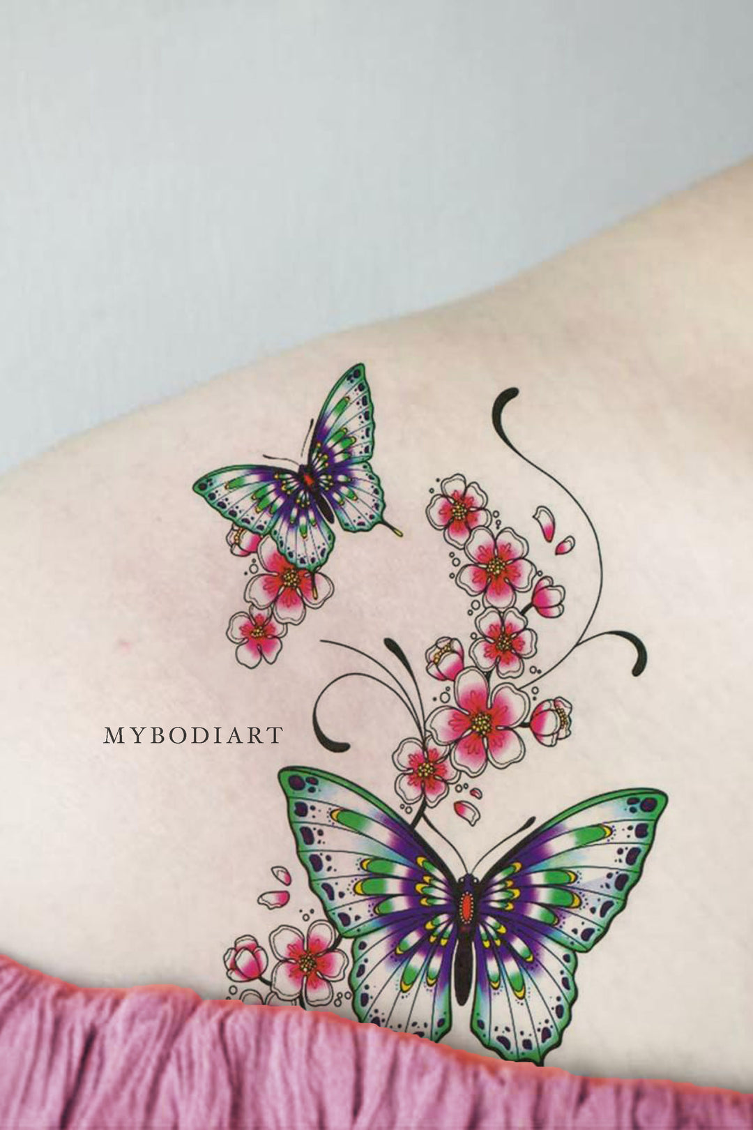 Butterfly and Flower Tattoos on Shoulder