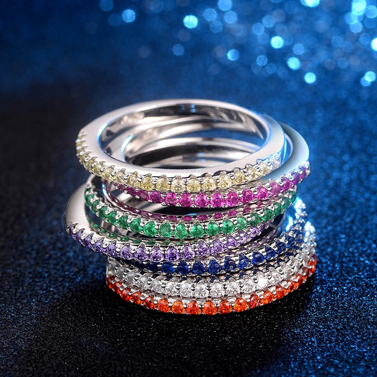 Shimmer Dainty Colored Rainbow Crystal Gemstone Pave Stackable Rings i ...