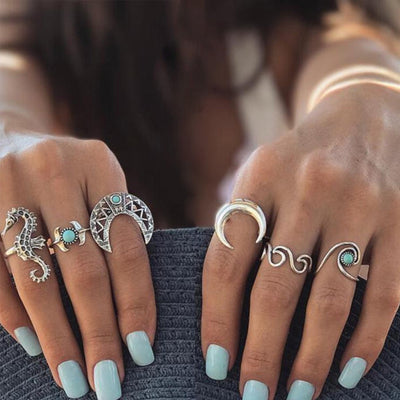 Cute Boho Ring Set for Teens Unique Turquoise Seahorse Moon Waves Beach Chunky Large Gypsy Rings in Silver - www.MyBodiArt.com #rings