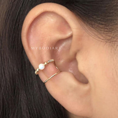 Simple Minimalist Conch Ear Piercing Jewelry Ideas Opal Wired Gold Ear Cuff Earring -  lindo arete de oreja de ópalo - www.MyBodiArt.com 