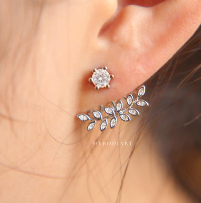 Beautiful Cute Ear Piercing Ideas for Teens - Crystal Leaf Ear Jacket Earring in Rose Gold, Silver - belles idées piercing oreille pour les femmes - www.MyBodiArt.com #earrings