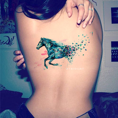Cool Unique Blue Watercolor Spirit Horse Back Spine Temporary Tattoo Ideas for Women -  Acuarela caballo atrás tatuaje ideas para mujeres - www.MyBodiArt.com
