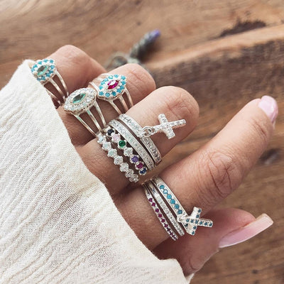 Boho Fashion Rings Set Cute Unique Stacking Crystal Cross Midi Ring Jewelry in Silver - conjunto de anillos de moda boho - www.MyBodiArt.com #ring
