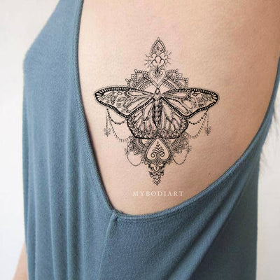 Tribal Boho Black Lace Mandala Butterfly Rib Side Tattoo Ideas for Women -  Ideas de tatuaje de costilla de mariposa para mujeres - www.MyBodiArt.com #tattoos