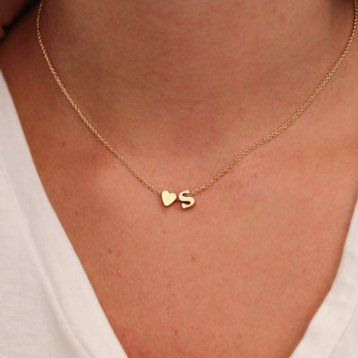 Dainty Modern Personalized Name Initial Letter Heart Pendant Necklace in Gold or Silver - www.MyBodiArt.com