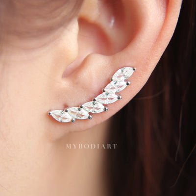 Elegant Ear Piercing Ideas for Women - Long Crystal Bar Ear Climber Crawler Earrings in Rose Gold or Silver - idées de piercing fantaisie pour les femmes - www.MyBodiArt.com #earrings