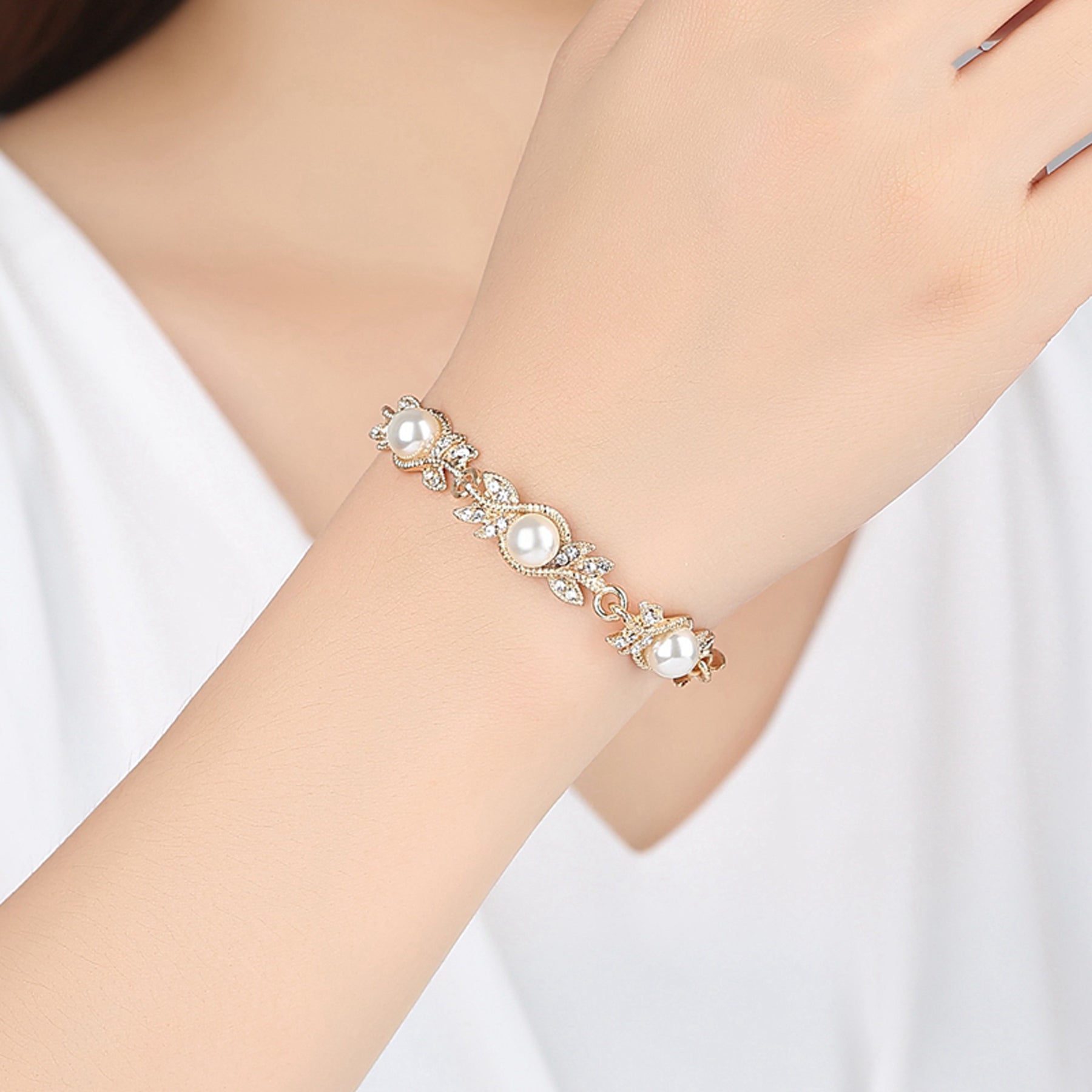 Ella Fancy Pearl Crystal Leaf Pave Link Bracelet in Gold or Silver ...