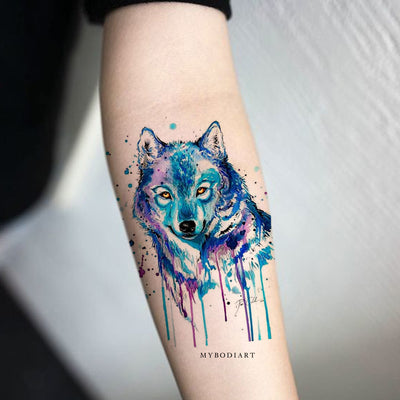 Cute Watercolor Blue Wolf Forearm Temporary Tattoo Ideas for Women -  Acuarela lobo antebrazo tatuaje ideas para mujeres - www.MyBodiArt.com