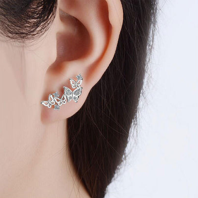 Fancy Ear Piercing Ideas for Women - Crystal Butterfly Ear Climber Earrings Ear Lobe -  ideas de piercing de oreja de lujo - www.MyBodiArt.com 