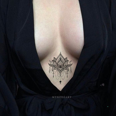 Small Sternum Temporary Tattoo Ideas for Women Lace Mandala Lotus Chandelier Black Tribal Boho Tat - www.MyBodiArt.com #tattoos