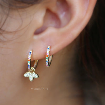 Cute Multiple Rainbow Hoop Earrings Ear Piercing Jewelry Ideas for Women for Cartilage, Helix, Tragus, Conch in Gold   -  ideas de joyería piercing del oído - www.MyBodiArt.com