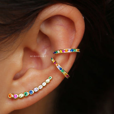 Unique Rainbow Gemstone Crystal Ear Climber or Ear Cuff Earrings - Cute Multiple Ear Piercing Ideas Fake Cartilage Conch Clip Rings - cute rainbow earrings  - lindos pendientes de arcoiris - www.MyBodiArt.com