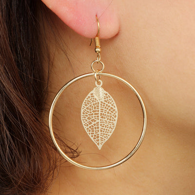 Trendy Modern Ear Piercing Ideas for Women - Bohemian Boho Leaf Dangle Big Hoop Earrings in Gold or Silver - www.MyBodiArt.com 