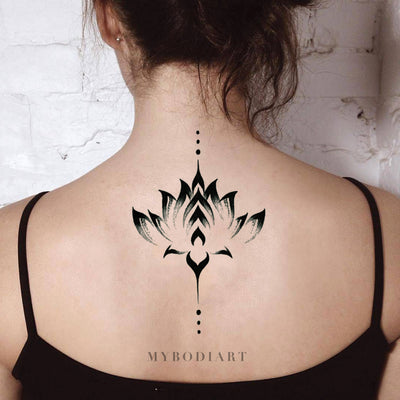 Boho Lotus Back Tattoo Ideas for Women Watercolor Simple Tribal Black Floral Flower Spine Tat - ideas de tatuaje de espalda de loto acuarela negra para mujeres - www.MyBodiArt.com #tattoos