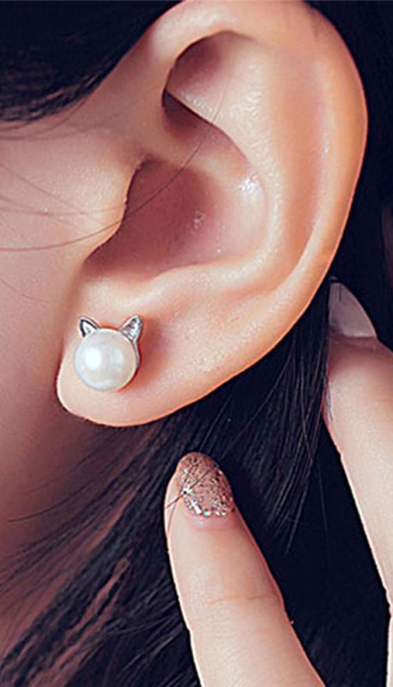 Purr Classy Pearl Kitty Cat Earring Studs – MyBodiArt