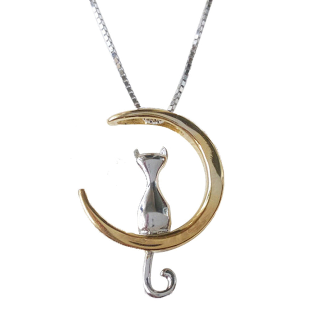 Lunette Cat Sitting on Moon Pendant Necklace in Gold or Silver – MyBodiArt