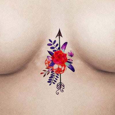 Unique Rose Arrow Sternum Tattoo Ideas for Women - Colorful Watercolor Floral Flower Boob Tat - www.MyBodiArt.com #tattoos