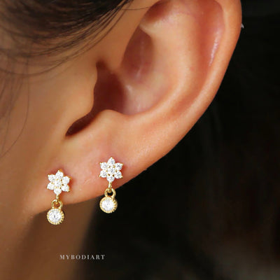 Cute Dainty Crystal Flower Drop Earring Studs for Women Fashion Jewelry Ear Piercing for Tragus, Cartilage, Helix in Gold or Silver - www.MyBodiArt.com