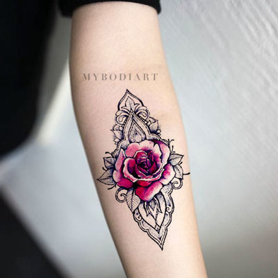 Beautiful Rose Geometric Mandala Forearm Tattoo Ideas for Women - Unique Watercolor Black Linework Floral Flower Arm Tat - ideas hermosas del tatuaje del antebrazo color de rosa para las mujeres - www.MyBodiArt.com #tattoos 
