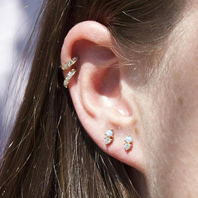 Cute Cartilage Ear Lobe Ear Piercing Ideas for Women Opal and Crystal Earring Studs for Women -  Ideas simples para perforar el oído - www.MyBodiArt.com
