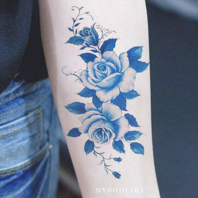 Beautiful Vintage Blue Flower Forearm Temporary Tattoo Ideas for Women Watercolor Floral Arm Tat - Ideas de tatuaje de brazo de acuarela azul para mujeres - www.MyBodiArt.com