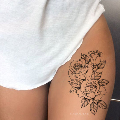 Realistic Rose Outline Black Floral Flower Thigh Side Temporary Tattoo Ideas for Women - Ideas del tatuaje del muslo rosado para las mujeres - www.MyBodiArt.com #tattoos 
