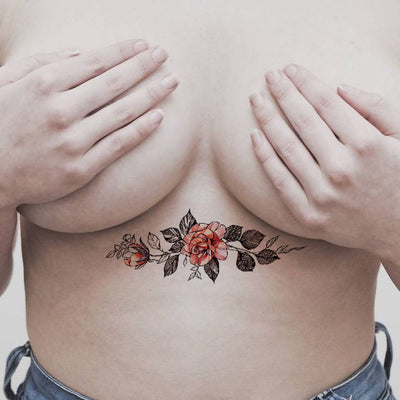 Vintage Rose Sternum Tattoo Ideas for Women - Underboob Traditional Floral Flower Tat -ideas de tatuaje de esternón rosa vintage - www.MyBodiArt.com #tattoos