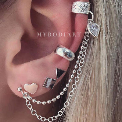 Cute Multiple Ear Piercing Ideas Trendy Creative Cartilage Conch Ear Cuff Chain Earring Geometric Shaped Heart Studs Jewelry in Silver www.MyBodiArt.com #earrings