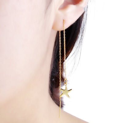 Unique Star Dangle Drop Threader Earrings - Cute Statement Jewelry for Teenagers or Women in Gold  - Patterns Avaliable: Starfish / Dragonfly - www.MyBodiArt.com #earrings 