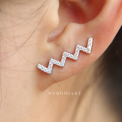 Unique Artistic Ear Piercing Ideas - Crystal Zig Zag Ear Climber Earring Crawler Studs in Rose Gold, Silver - idées uniques de perçage des oreilles pour les femmes - www.MyBodiArt.com #earrings