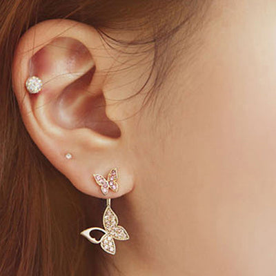 Cute Multiple Ear Piercing Ideas for Women - Cartilage Stud - Crystal Butterfly Ear Jacket Earring in Gold - www.MyBodiArt.com #earrings