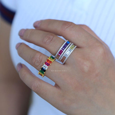 Rainbow Baguette Ring - Cute Chunky Gemstone Crystal Stone Pave Multiple Stacking Stackable Band Rings Statement Fashion Jewelry for Women for Teens in Silver - lindos anillos arcoiris gruesos - www.MyBodiArt.com 