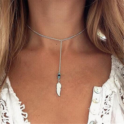 Bohemian Leaf Turquoise Beads Lariat Choker Necklace Boho Dainty Simple Summer Outfit Ideas for Women - www.MyBodiArt.com 