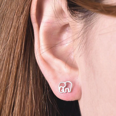 Cute Elephant Animal Outline Stud Earrings in Silver Womens Fashion Jewelry - www.MyBodiArt.com