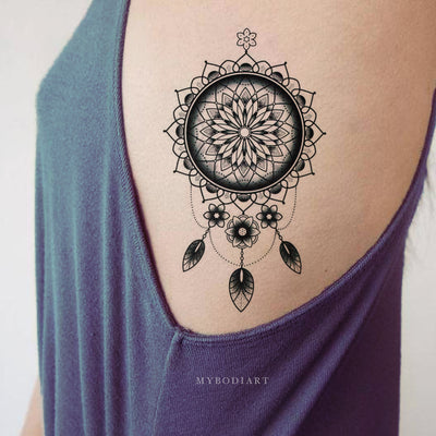 Boho Tribal Mandala Dreamcatcher Side Rid Temporary Tattoo Ideas for Women Black Henna Tat -  ideas frescas del tatuaje para las mujeres - www.MyBodiArt.com