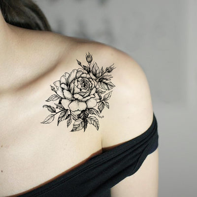 Traditional Rose Tattoo Ideas on Shoulder  - Vintage Realistic Black Floral Flower Arm Tat - ideas de tatuaje de hombro negro rosa - www.MyBodiArt.com #tattoos