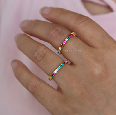 Cute Unique Simple Dainty Rainbow Pave Gemstone Crystals Band Rings Statement Fashion Jewelry for Women for Teens Girls in Gold - lindo delicado arco iris pavimenta los anillos - www.MyBodiArt.com
