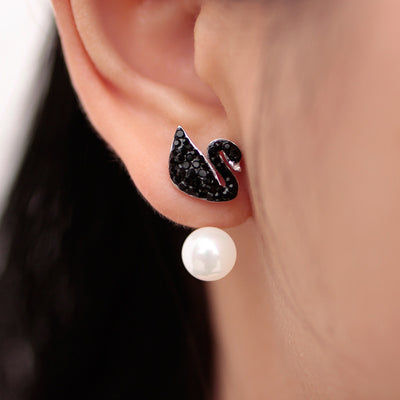 Cute Black Swan Pearl Ear Jacket Earrings - Unique Statement Jewelry for Women or Teen Girls - pendientes únicos de cisne y perla - www.MyBodiArt.com #earrings 